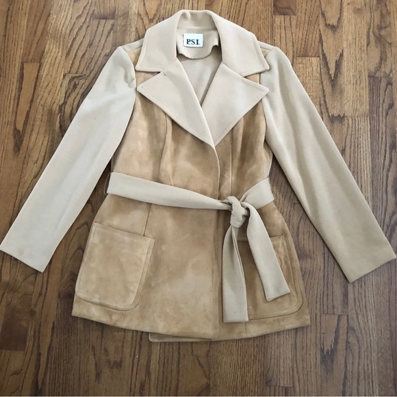 Vintage Jackets & Blazers - PSI Vintage Tan Suede Belted Women’s Wrap Nehru Jacket Coat 1970s Women’s S / M